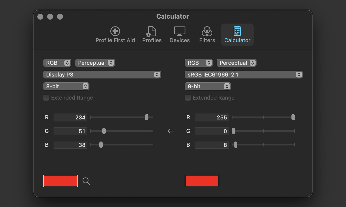 The calculator tab in ColorSync Utility.