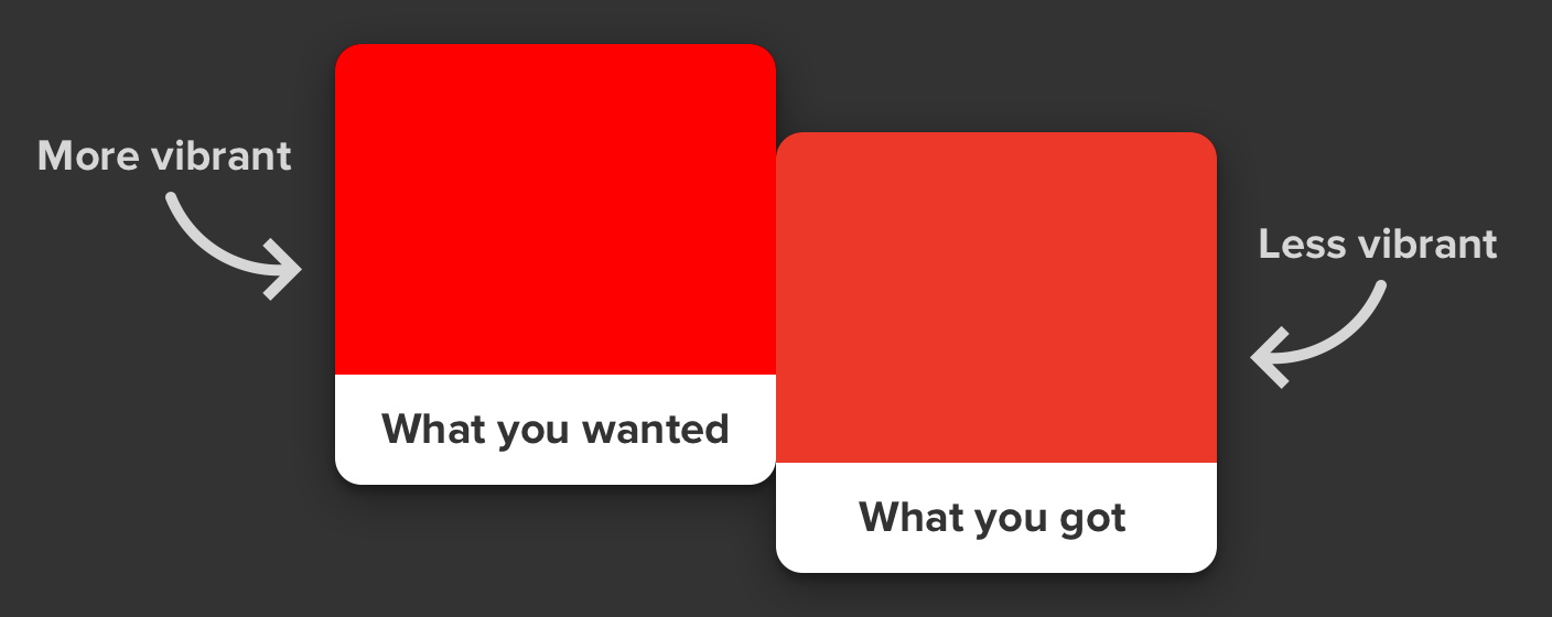 An image of two red colour swatches. The right colour swatch is duller.