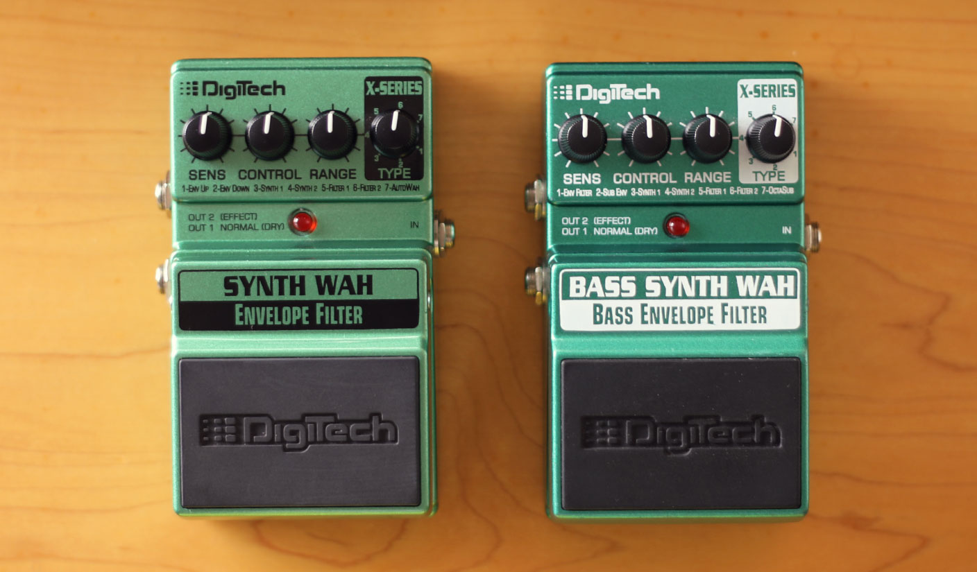 A photo of DigiTech Synth Wah and DigiTech Bass Synth Wah guitar pedals.