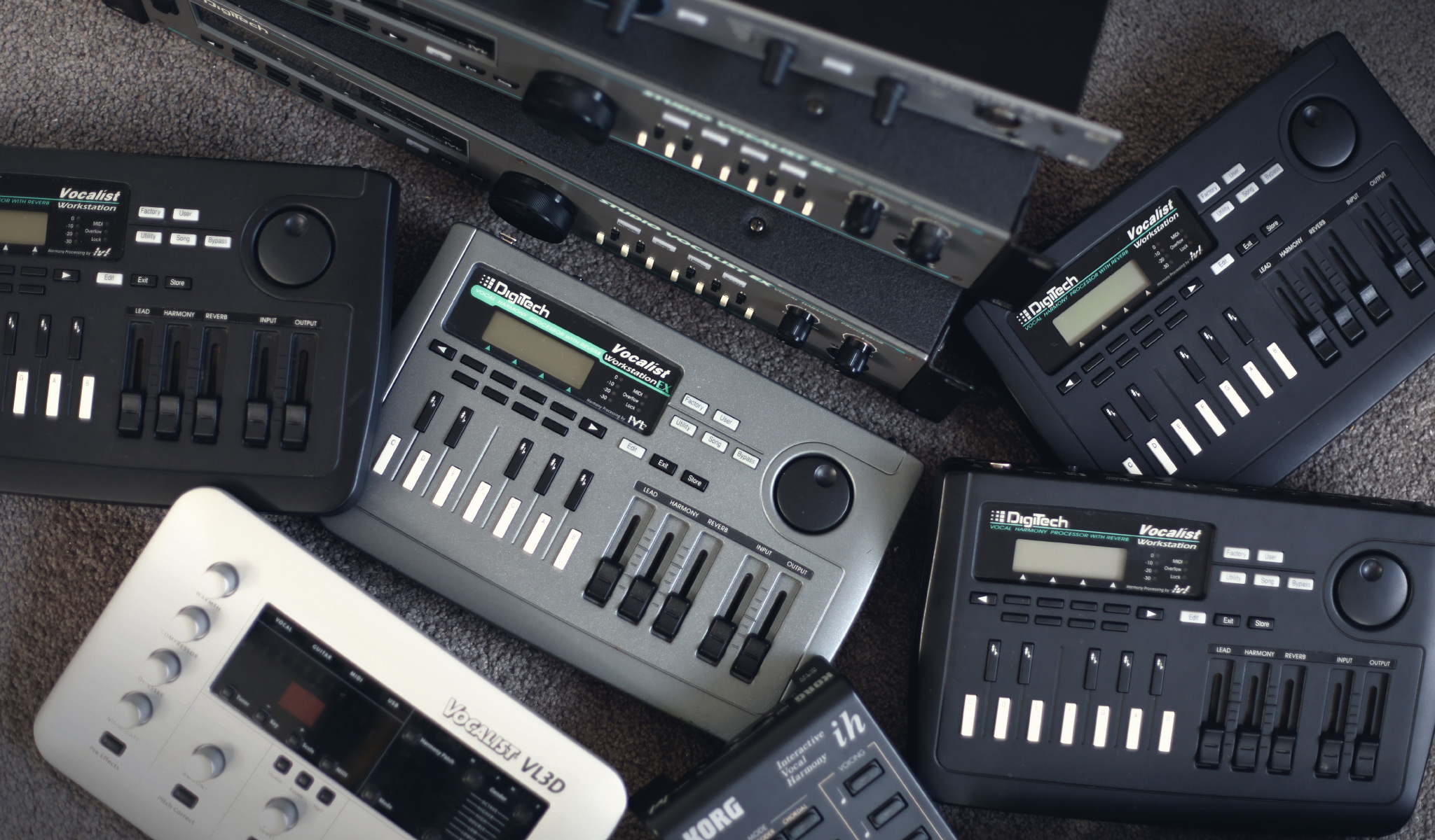 A photo of lots of DigiTech Vocalist models.