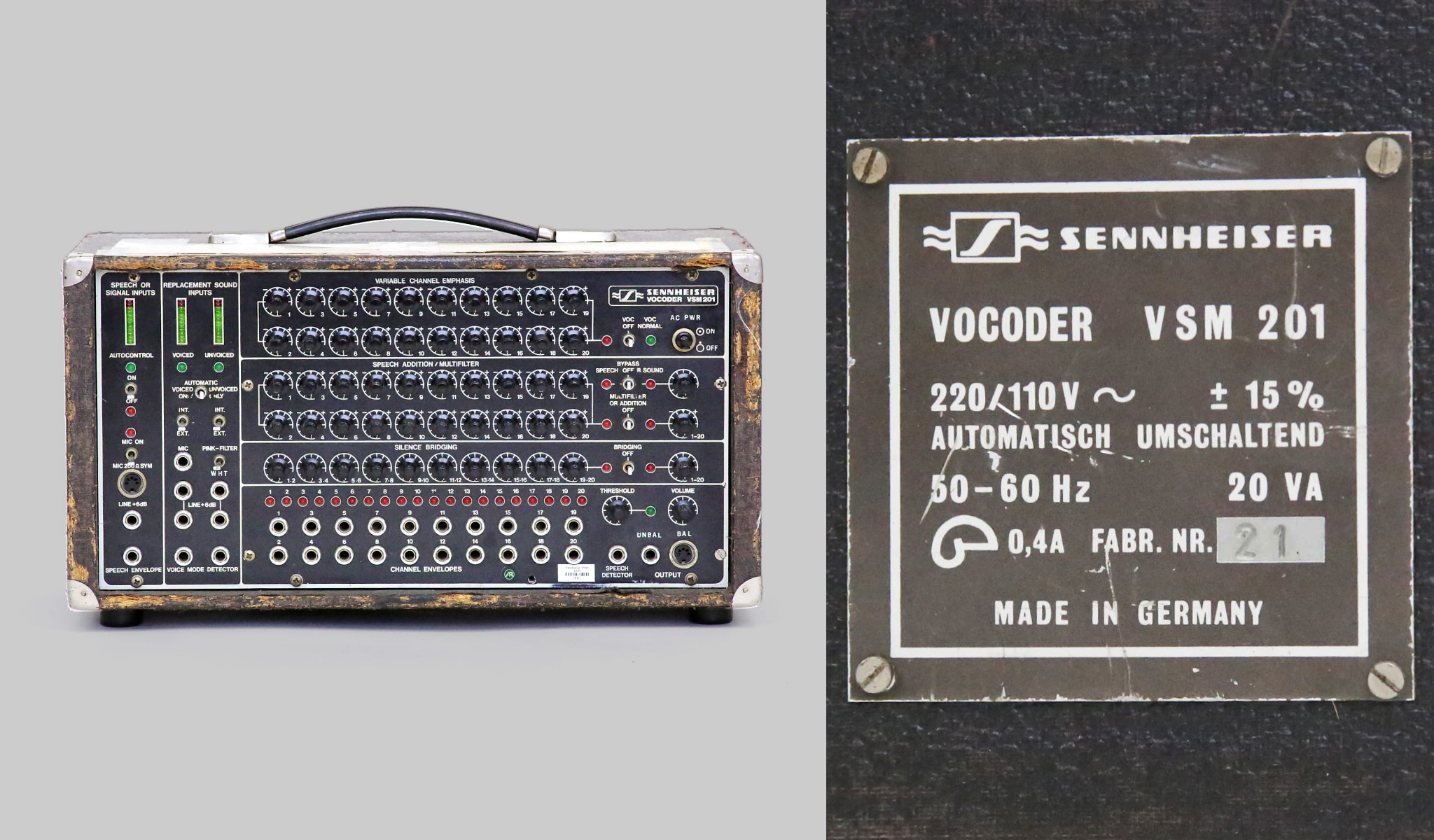 A photo of a Sennheiser VSM201 with the serial number 21.