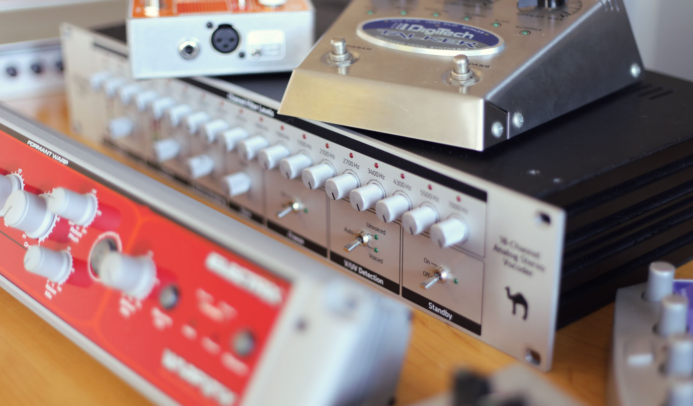 A photo of vocoders, including a DigiTech Talker and Ultimate VoIS.