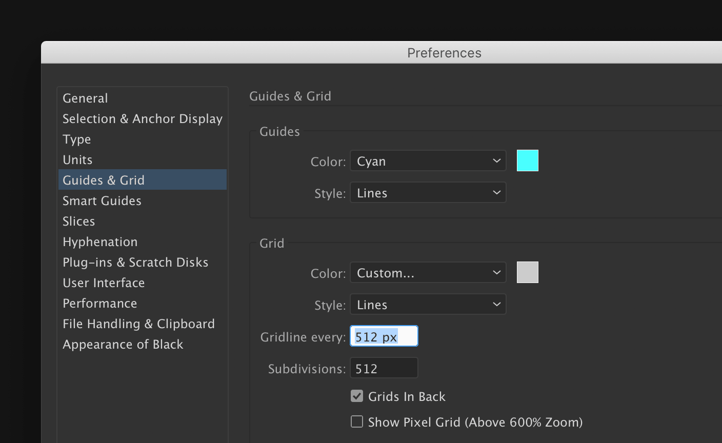 Illustrator’s grid preferences