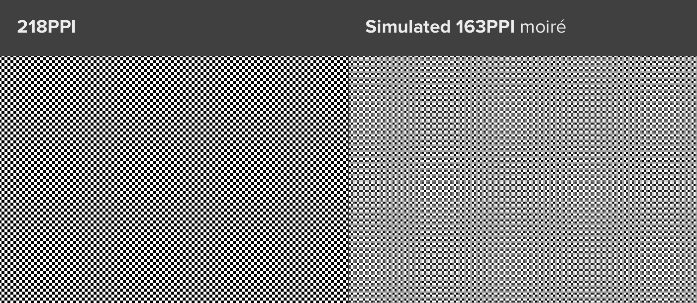 A comparison of 218PPI vs simulated 163PPI, showing the 163PPI display with a moiré pattern