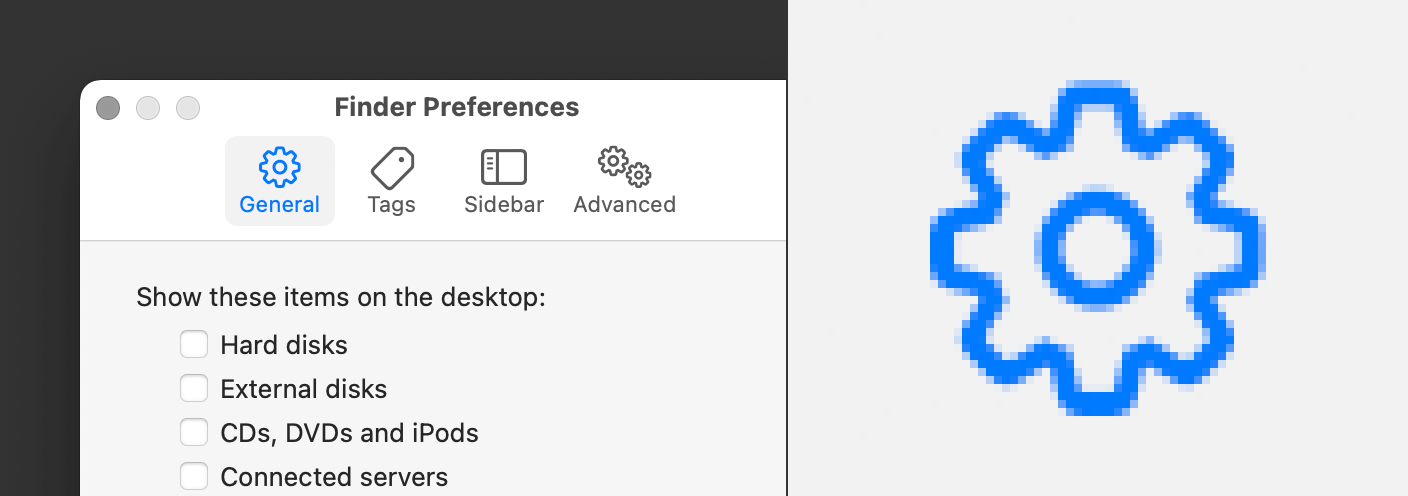 macOS Finder preferences, showing the general tab icon