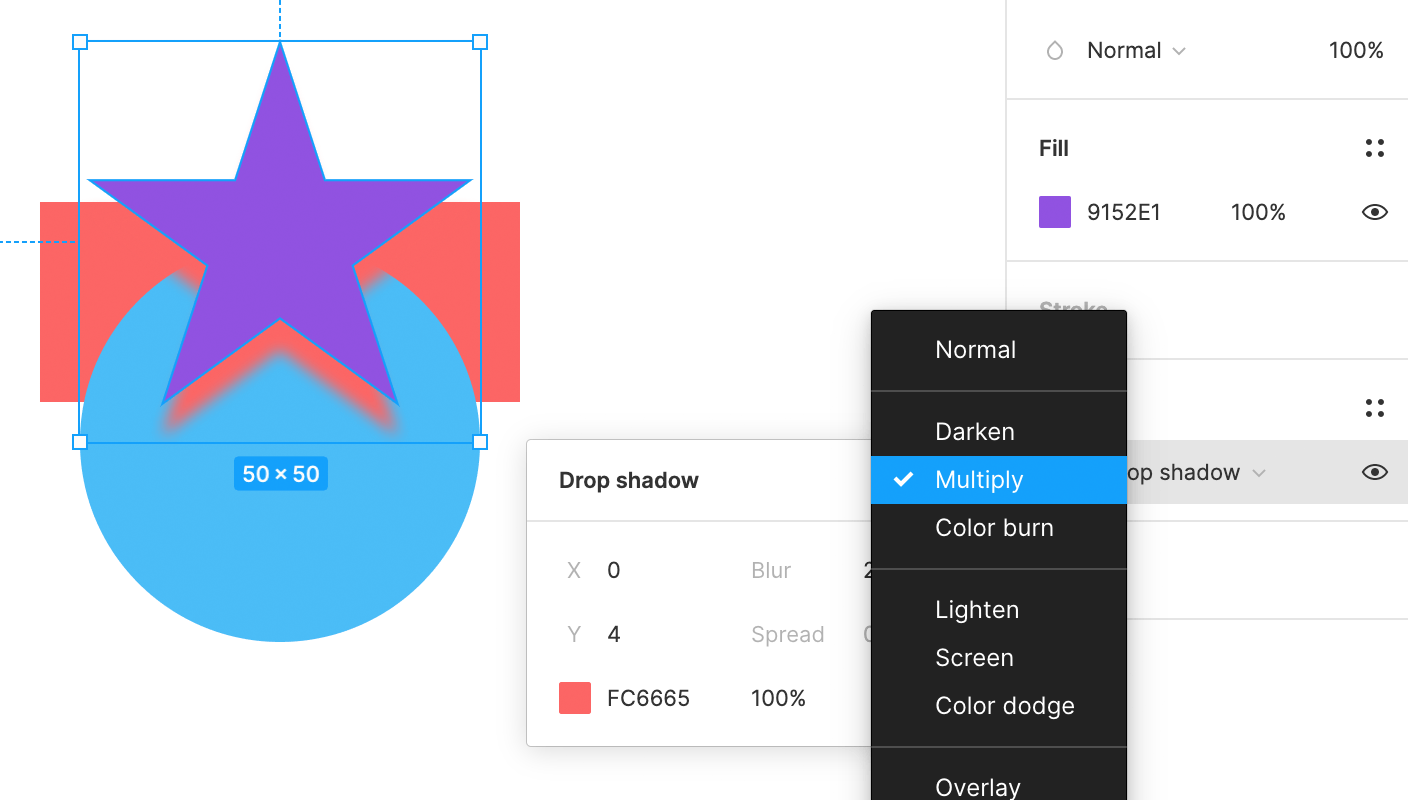 Figma showing a purple star with a red drop shadow