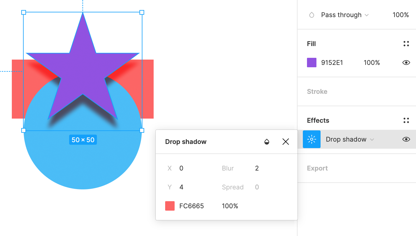 Figma showing a purple star with a red drop shadow