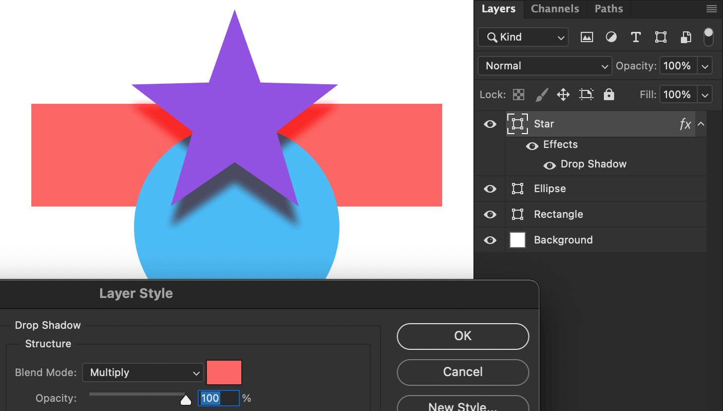 Photoshop showing a purple star with a red drop shadow