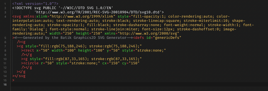 The SVG code for a blue circle and a purple rectangle