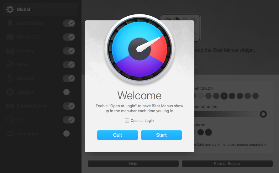Mac App Store version of iStat Menus, with the welcome overlay showing