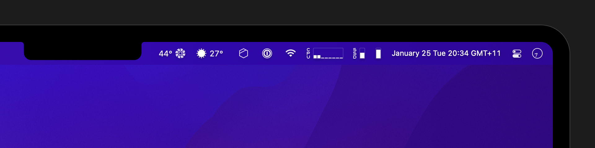 The macOS menu bar showing lots of status items on the right of the camera housing