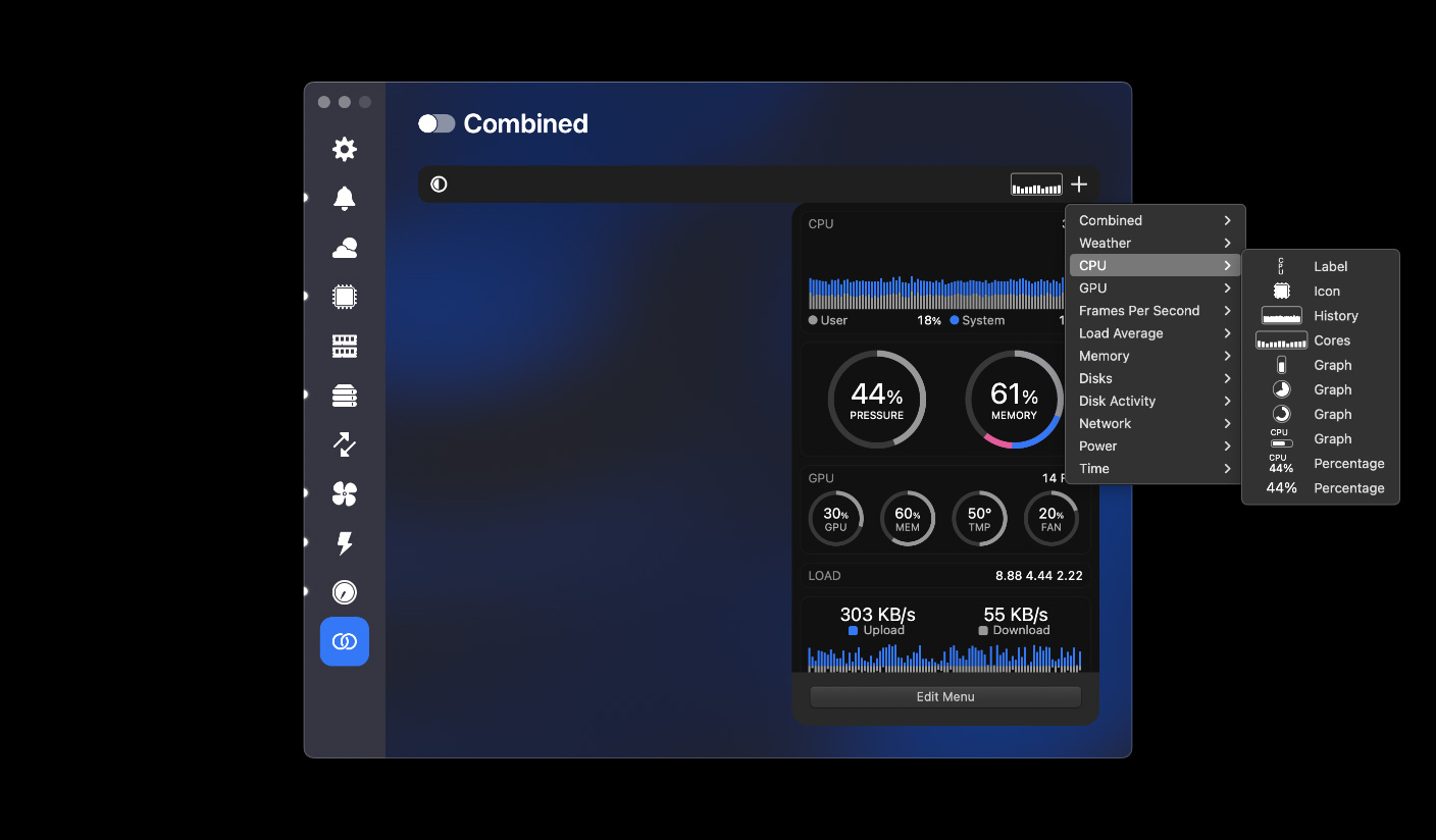 Adding and removing combined items in iStat Menus