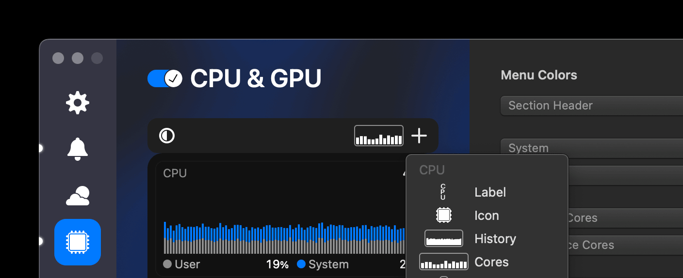 A screenshot of iStat Menus, showing how to add menu bar items