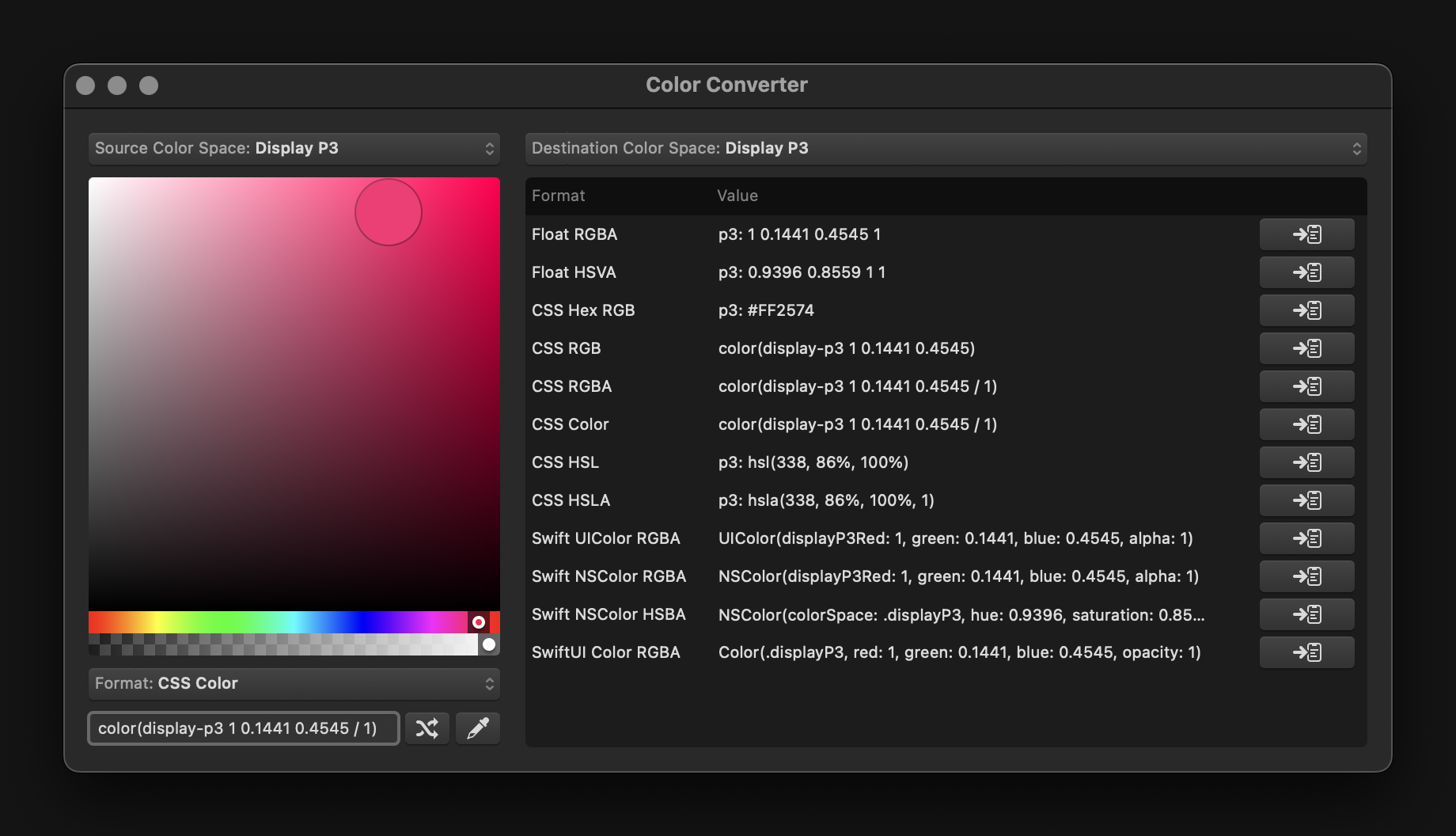 A screenshot of Pinwheel’s color converter window