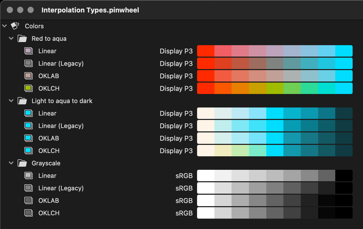 A screenshot of the different types of interpolation in Pinwheel