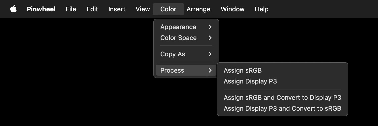 A screenshot of Pinwheel’s color processing menu