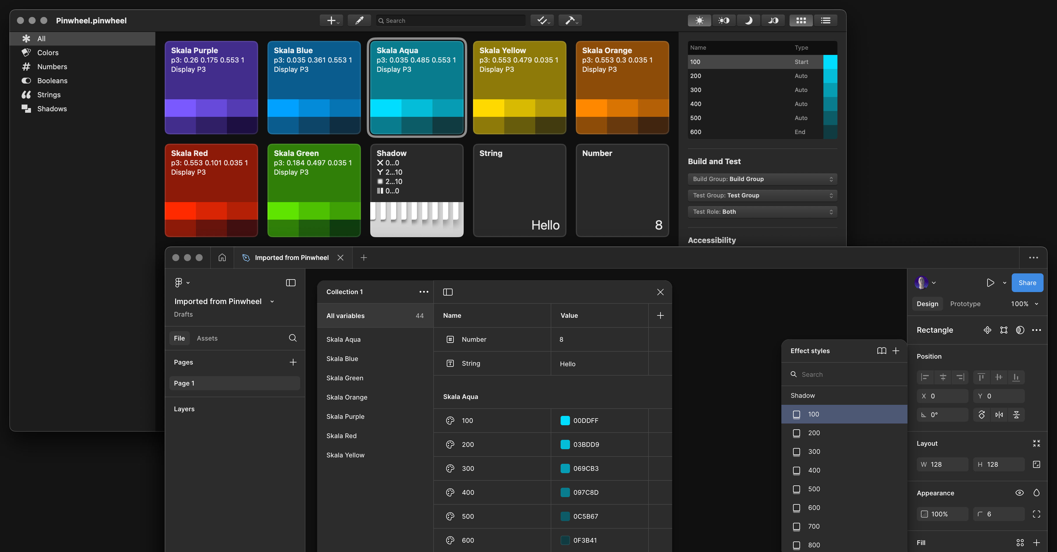 A screenshot of the Pinwheel and Figma desktop apps, showing how colors, shadows, numbers, and strings can be imported.
