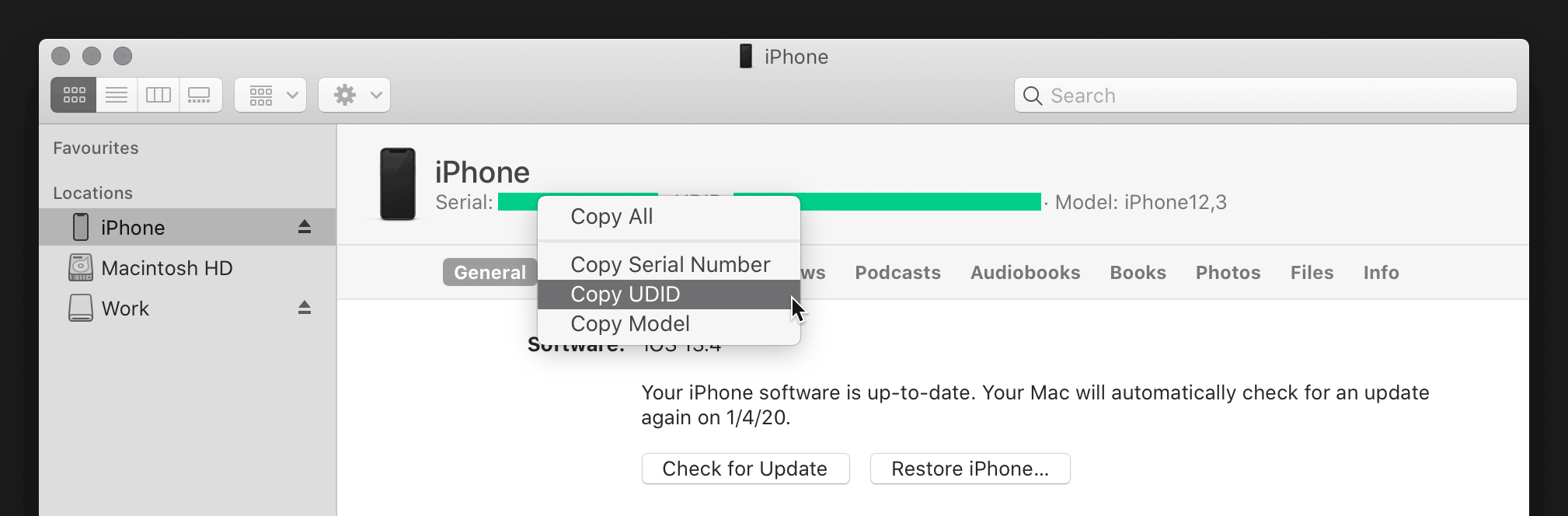 macOS Finder, showing iPhone information and copying the UDID